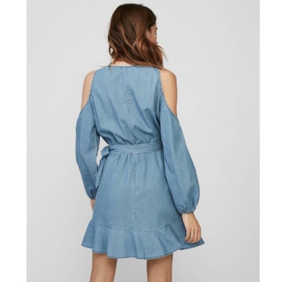 Express Cold Shoulder Cute Casual Denim Wrap Dress - Picture 2 of 6